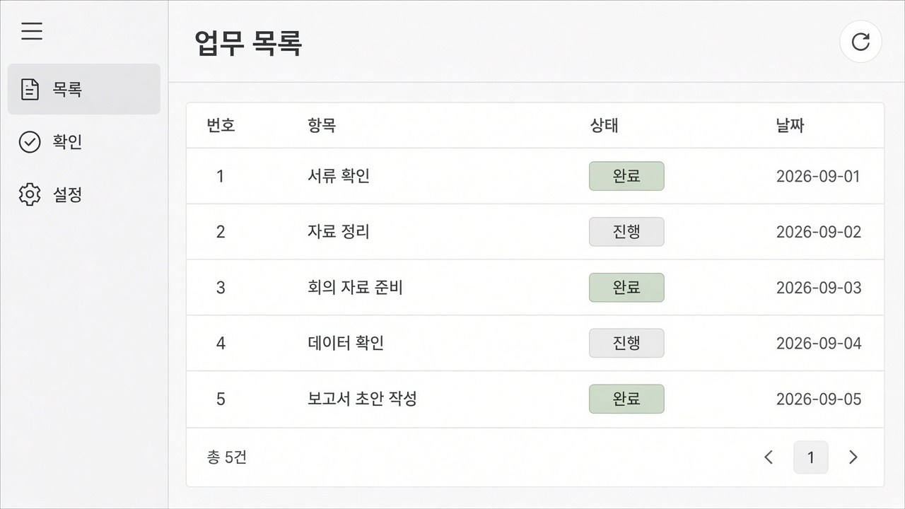 내부 업무 목록이 보이는 화면 구성 예시